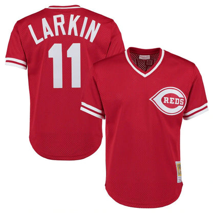 Cincinnati Reds #11 Barry Larkin Player Red MIKSHPS Mitchell & Ness Throwback Cooperstown Mesh T-shirt Game Stitched Jerseys
