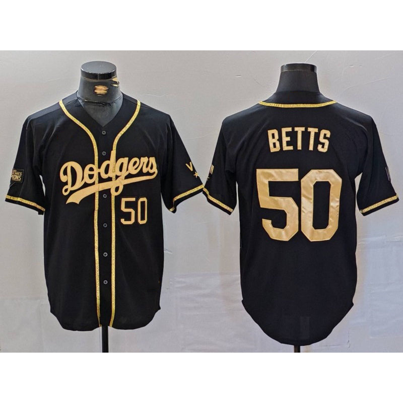 Los Angeles Dodgers #50 Mookie Betts Number Black Gold MIKSHPS World Series Champions Cool Base Stitched Jersey