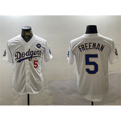 Los Angeles Dodgers #5 Freddie Freeman White Gold MIKSHPS 2024 World Series With No. 34 Patch Home Limited Stitched Jersey