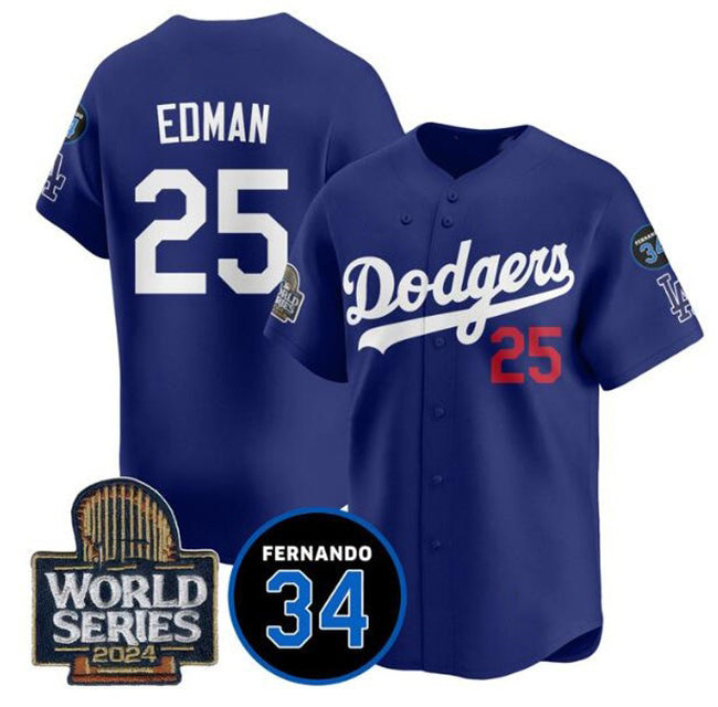 Los Angeles Dodgers #25 Tommy Edman Royal MIKSHPS 2024 World Series With Fernando Memorial Patch Alternate Limited Stitched Jersey