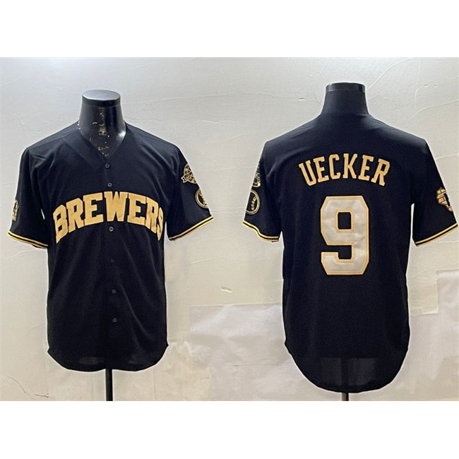 Milwaukee Brewers #9 Bob Uecker Black Gold MIKSHPS With Home Patch Limited Stitched Jersey