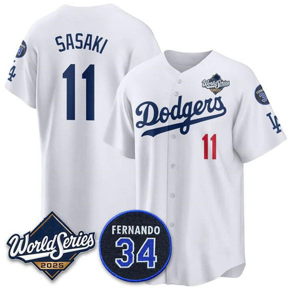 Los Angeles Dodgers #11 R¨­ki Sasaki White MIKSHPS 2025 World Series With No. 34 Patch Limited Stitched Jersey