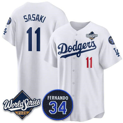 Los Angeles Dodgers #11 R¨­ki Sasaki White MIKSHPS 2025 World Series With No. 34 Patch Limited Stitched Jersey