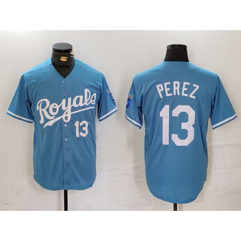 Kansas City Royals #13 Salvador Perez Number Light Blue MIKSHPS Cool Base Stitched Jersey