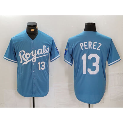 Kansas City Royals #13 Salvador Perez Number Light Blue MIKSHPS Cool Base Stitched Jersey