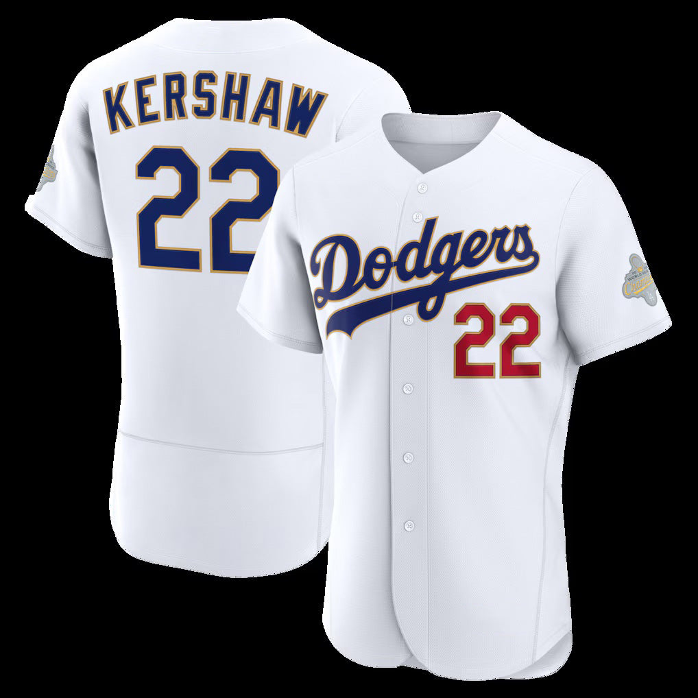 Los Angeles Dodgers #22 Clayton Kershaw White MIKSHPS 2026 Gold Collection Authentic Jersey