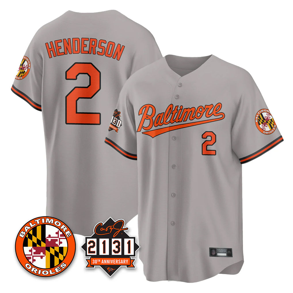 Baltimore Orioles #2 Gunnar Henderson Player Gray MIKSHPS 30th Anniversary of 2131 Home Game Stitched Jerseys