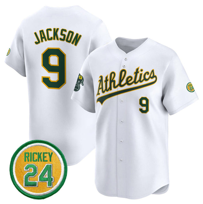 Oakland Athletics #9 Reggie Jackson White MIKSHPS 2024 Home Limited With Rickey Henderson Patch Stitched Jersey