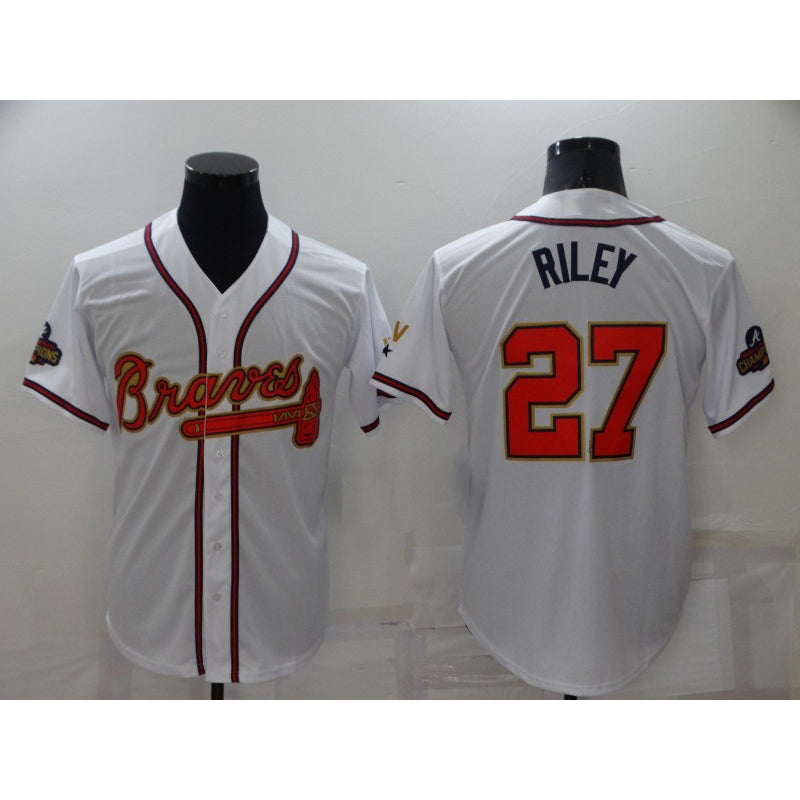 Atlanta Braves #27 Austin Riley 2022 White Gold MIKSHPS World Series Champions Program Cool Base Stitched Jersey