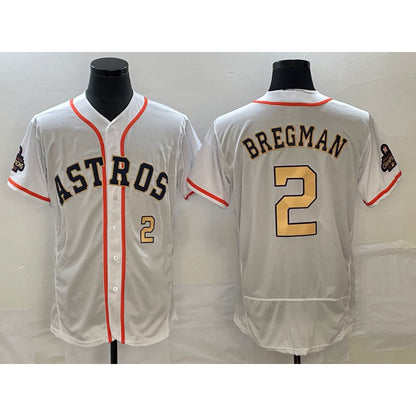 Houston Astros #2 Alex Bregman Number 2023 White Gold MIKSHPS World Serise Champions Patch Flex Base Stitched Jersey