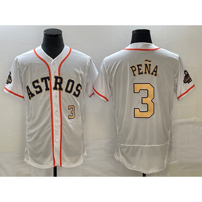 Houston Astros #3 Jeremy Pena Number 2023 White Gold MIKSHPS World Serise Champions Patch Flex Base Stitched Jersey 2