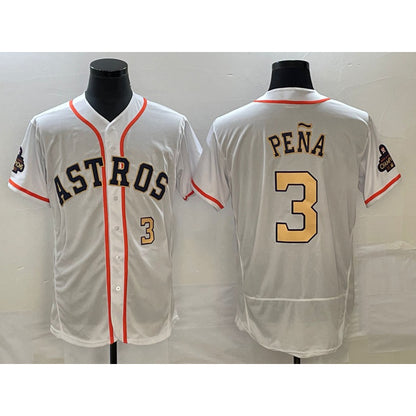 Houston Astros #3 Jeremy Pena Number 2023 White Gold MIKSHPS World Serise Champions Patch Flex Base Stitched Jersey 2