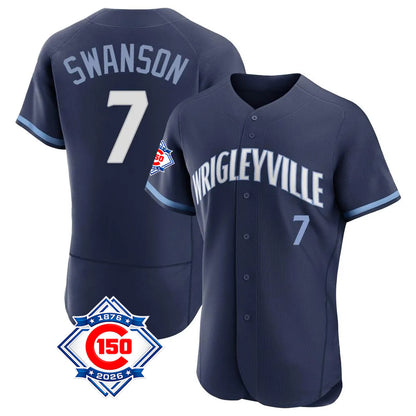 Chicago Cubs #7 Dansby Swanson Player Navy MIKSHPS City Connect 150th Anniversary Limited Elite Home Stitched Jerseys