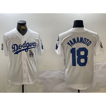 Los Angeles Dodgers #18 Yoshinobu Yamamoto White MIKSHPS 2024 World Series With Fernando Memorial Patch Home Limited Stitched Jersey