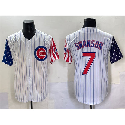Chicago Cubs #7 Dansby Swanson White MIKSHPS Pinstripe 2025 Independence Day Vapor Premier Limited Stitched Jersey