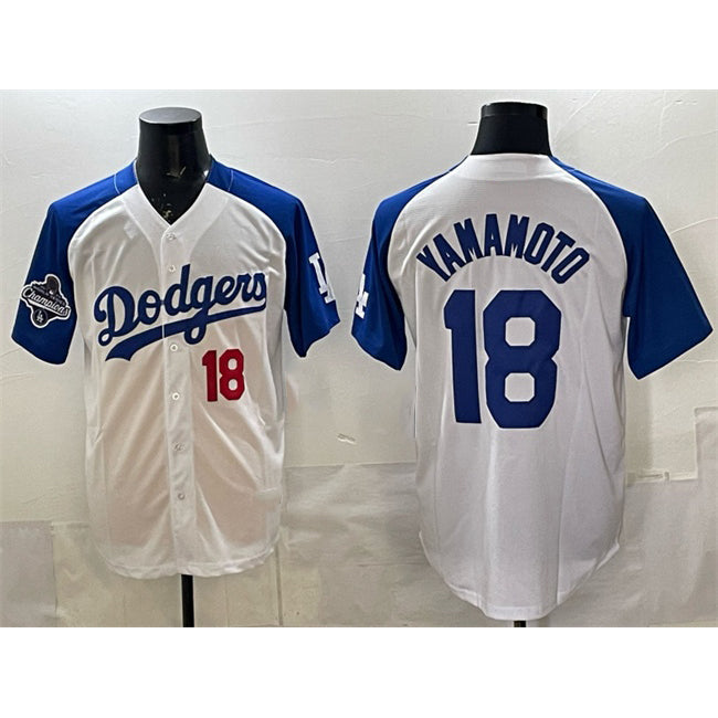 Los Angeles Dodgers #18 Yoshinobu Yamamoto White Royal MIKSHPS 2025 World Series Champions Patch Limited Stitched Jersey