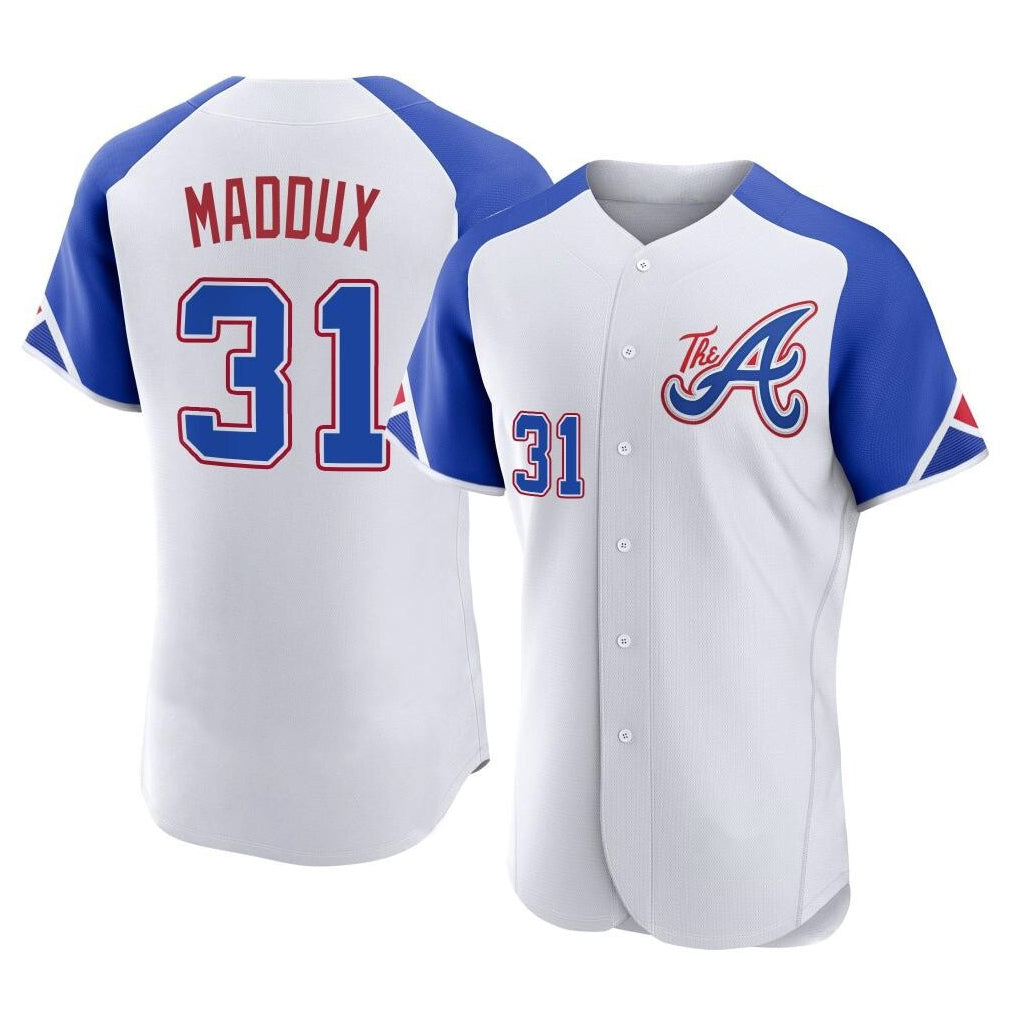 Atlanta Braves #31 Greg Maddux Player White MIKSHPS City Connect Limited Elite Home Game Stitched Jerseys