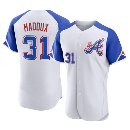 Atlanta Braves #31 Greg Maddux Player White MIKSHPS City Connect Limited Elite Home Game Stitched Jerseys