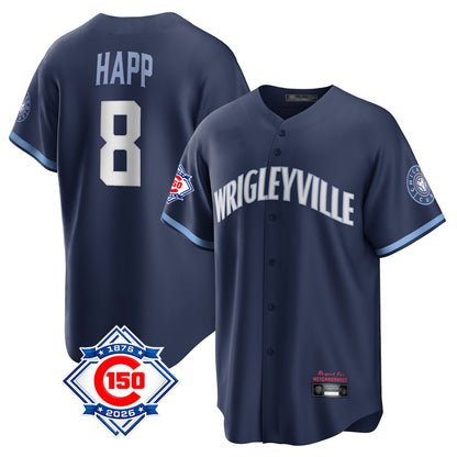 Chicago Cubs #8 Ian Happ Player Navy MIKSHPS 150th Anniversary City Connect Home Game Stitched Jerseys