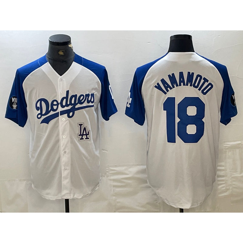 Los Angeles Dodgers #18 Yoshinobu Yamamoto White Blue MIKSHPS Fashion Stitched Cool Base Limited Jersey 2