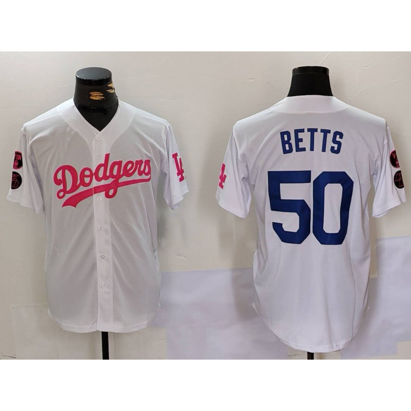 Los Angeles Dodgers #50 Mookie Betts White Pink MIKSHPS Vin & Kobe Patch Stitched Jersey1
