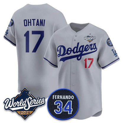 Los Angeles Dodgers #17 Shohei Ohtani Gray MIKSHPS 2025 World Series With No. 34 Patch Limited Stitched Jersey