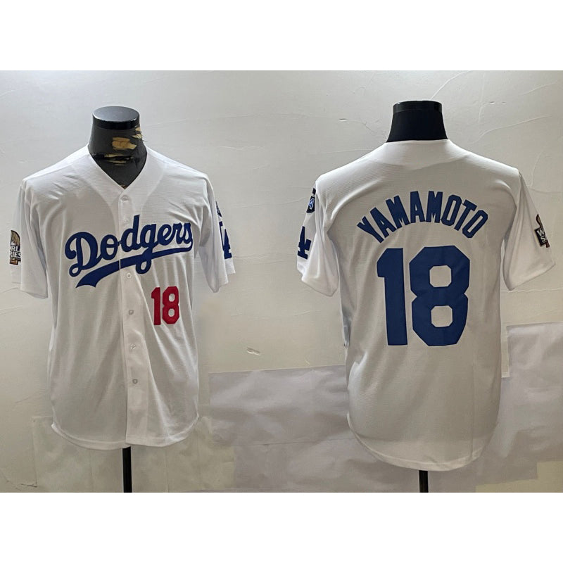 Los Angeles Dodgers #18 Yoshinobu Yamamoto White MIKSHPS 2024 World Series With Fernando Memorial Patch Home Limited Stitched Jerseys
