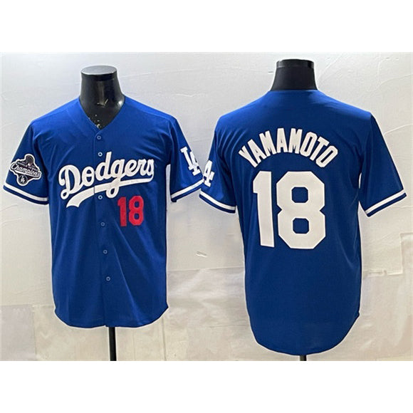 Los Angeles Dodgers #18 Yoshinobu Yamamoto Royal MIKSHPS 2025 World Series Champions Patch Limited Stitched Jersey