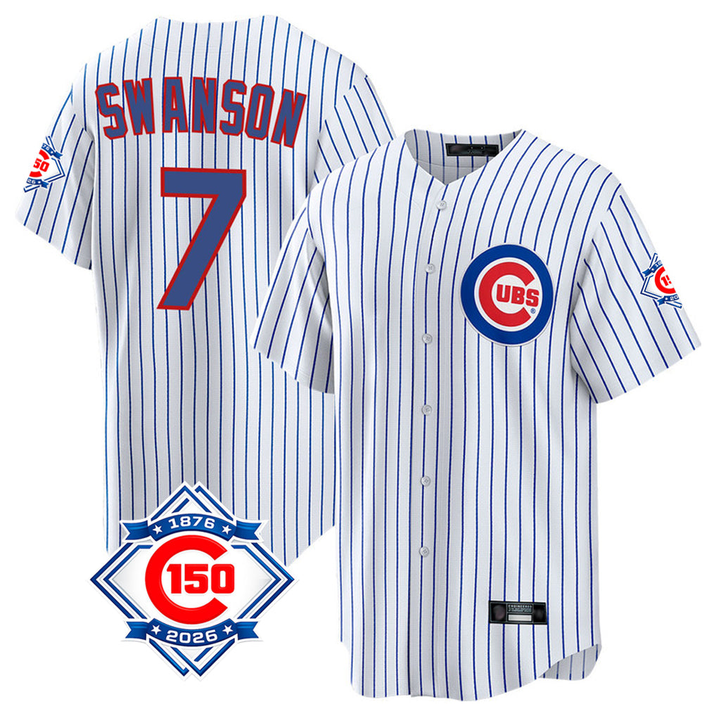 Chicago Cubs #7 Dansby Swanson Player White MIKSHPS 150th Anniversary Home Game Stitched Jerseys