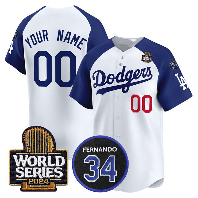 Custom Los Angeles Dodgers ACTIVE PLAYER White Royal MIKSHPS 2024 World Series With Fernando Memorial Patch Limited Stitched Jersey