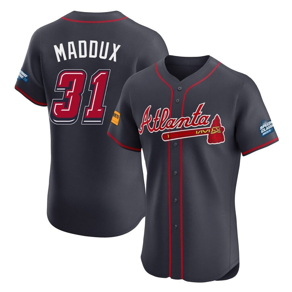 Atlanta Braves #31 Greg Maddux Player Navy MIKSHPS 2025 Speedway Classic Limited Elite Home Game Stitched Jerseys