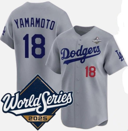 Los Angeles Dodgers #18 Yoshinobu Yamamoto Gray MIKSHPS 2025 World Series Limited Stitched Jersey