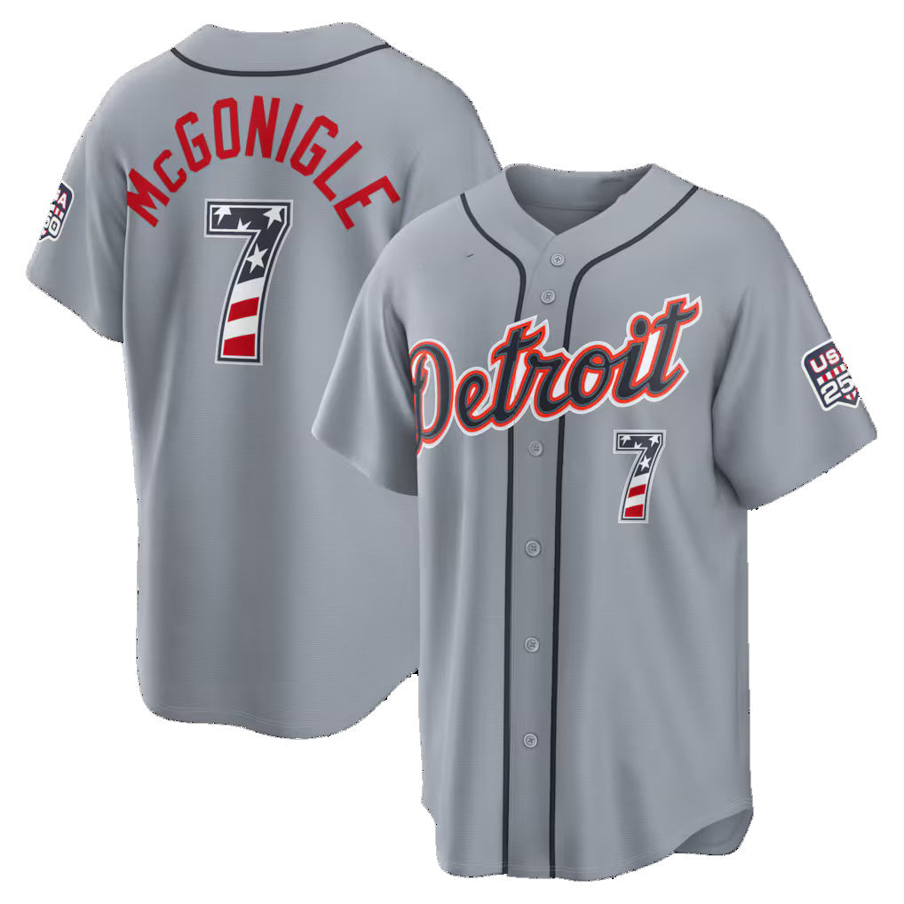 Detroit Tigers #7 Kevin McGonigle Gray MIKSHPS USA 250 Fourth of July Road Stadium Jersey