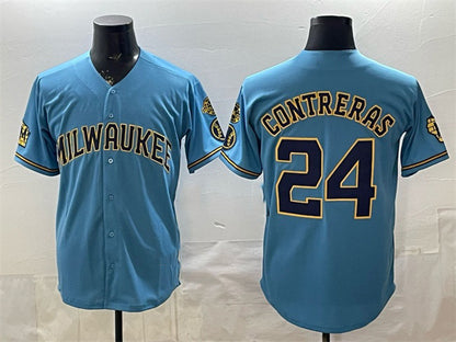 Milwaukee Brewers #24 William Contreras Blue MIKSHPS With Home & Bob Uecker Patch Stitched Jersey