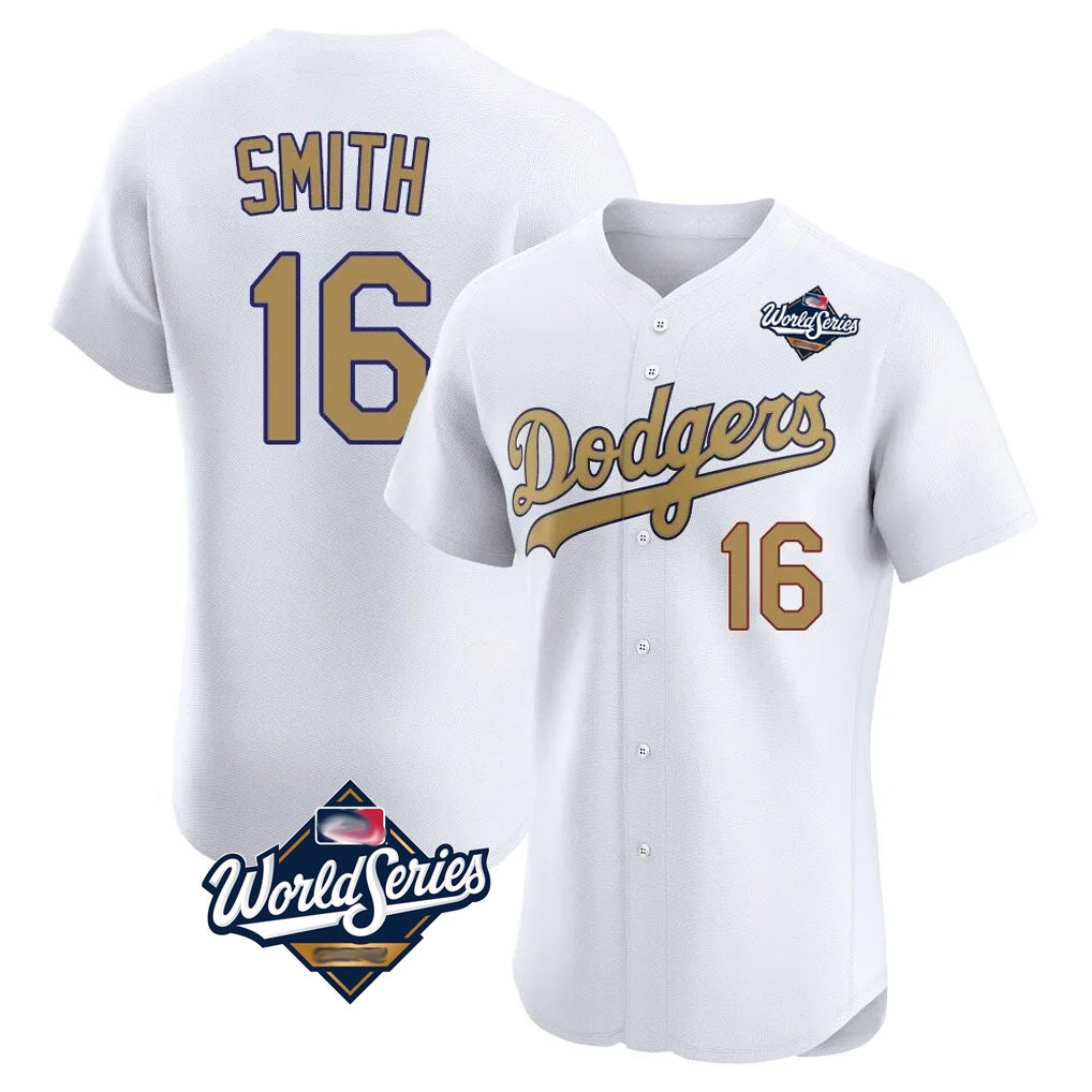 Los Angeles Dodgers #16 Will Smith Player Gold World White Gold MIKSHPS Series Limited Elite Home Stitched Jerseys