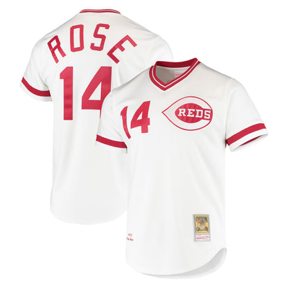 Cincinnati Reds #14 Pete Rose Player White MIKSHPS Mitchell & Ness Throwback Cooperstown Mesh T-shirt Game Stitched Jerseys