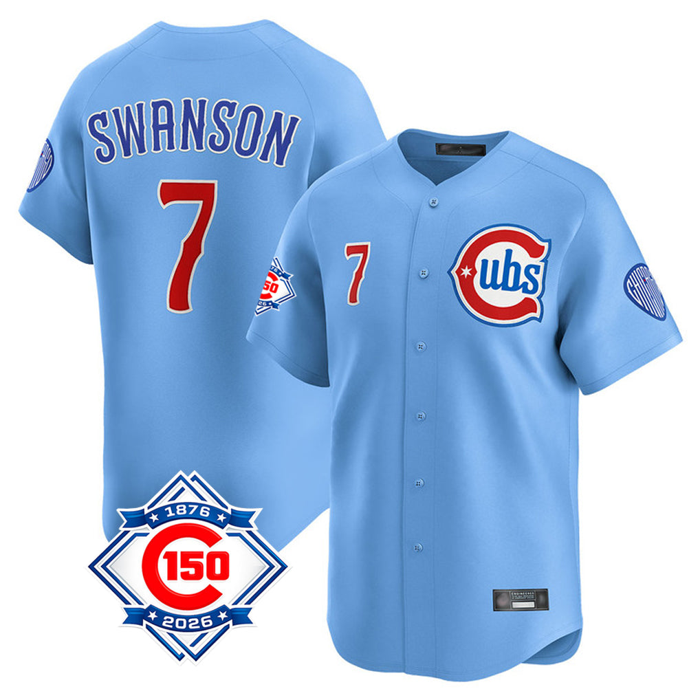 Chicago Cubs #7 Dansby Swanson Player Light Blue MIKSHPS 150th Anniversary Limited Home Stitched Jerseys