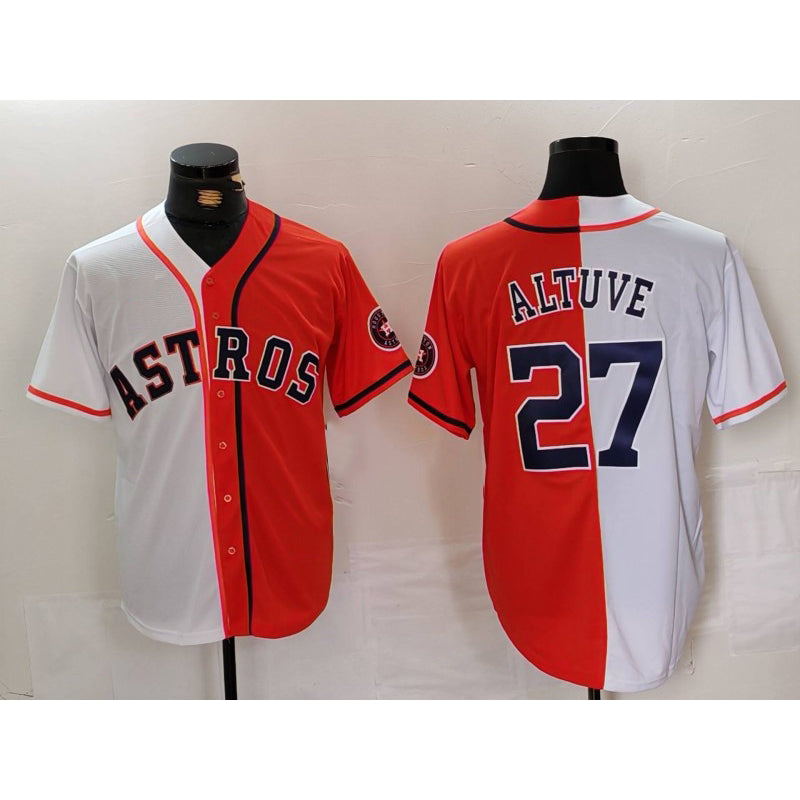 Houston Astros #27 Jose Altuve White Orange MIKSHPS Blue Number Split Stitched Jersey 2