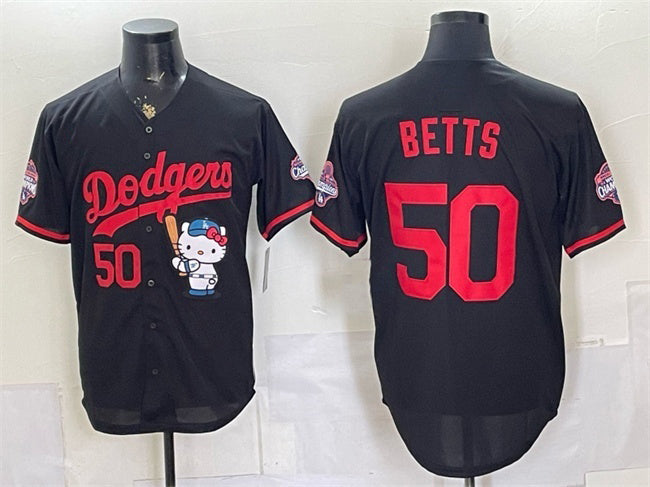 Los Angeles Dodgers #50 Mookie Betts Black MIKSHPS Hello Kitty Night 2025 World Series Champions Patch Stitched Jersey