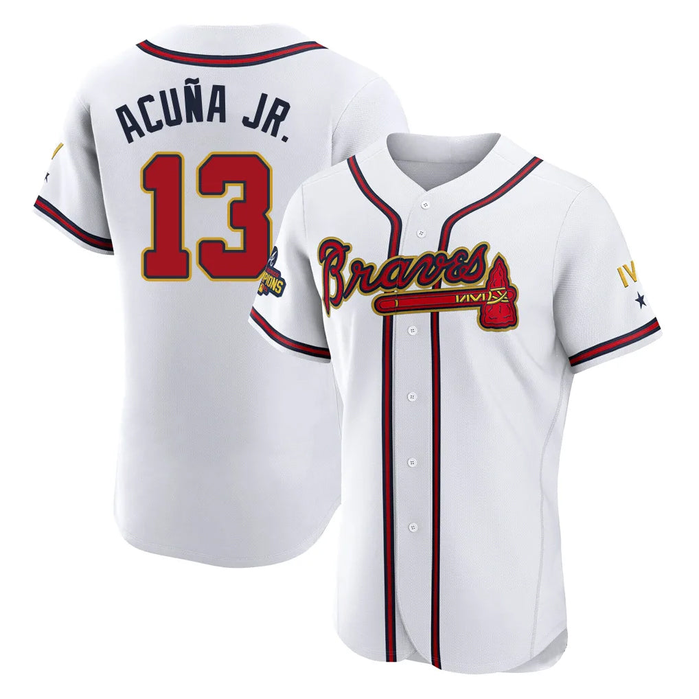 Atlanta Braves #13 Ronald Acuna Jr Player White Gold MIKSHPS Limited Elite Home Game Stitched Jerseys