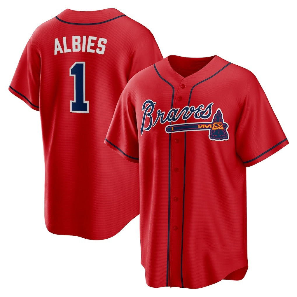 Atlanta Braves #1 Ozzie Albies Red MIKSHPS Alternate 2 Replica Jersey