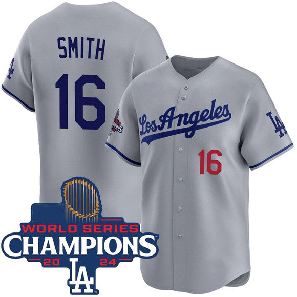 Los Angeles Dodgers #16 Will Smith Gray MIKSHPS 2024 World Series Champions Patch Limited Stitched Jersey