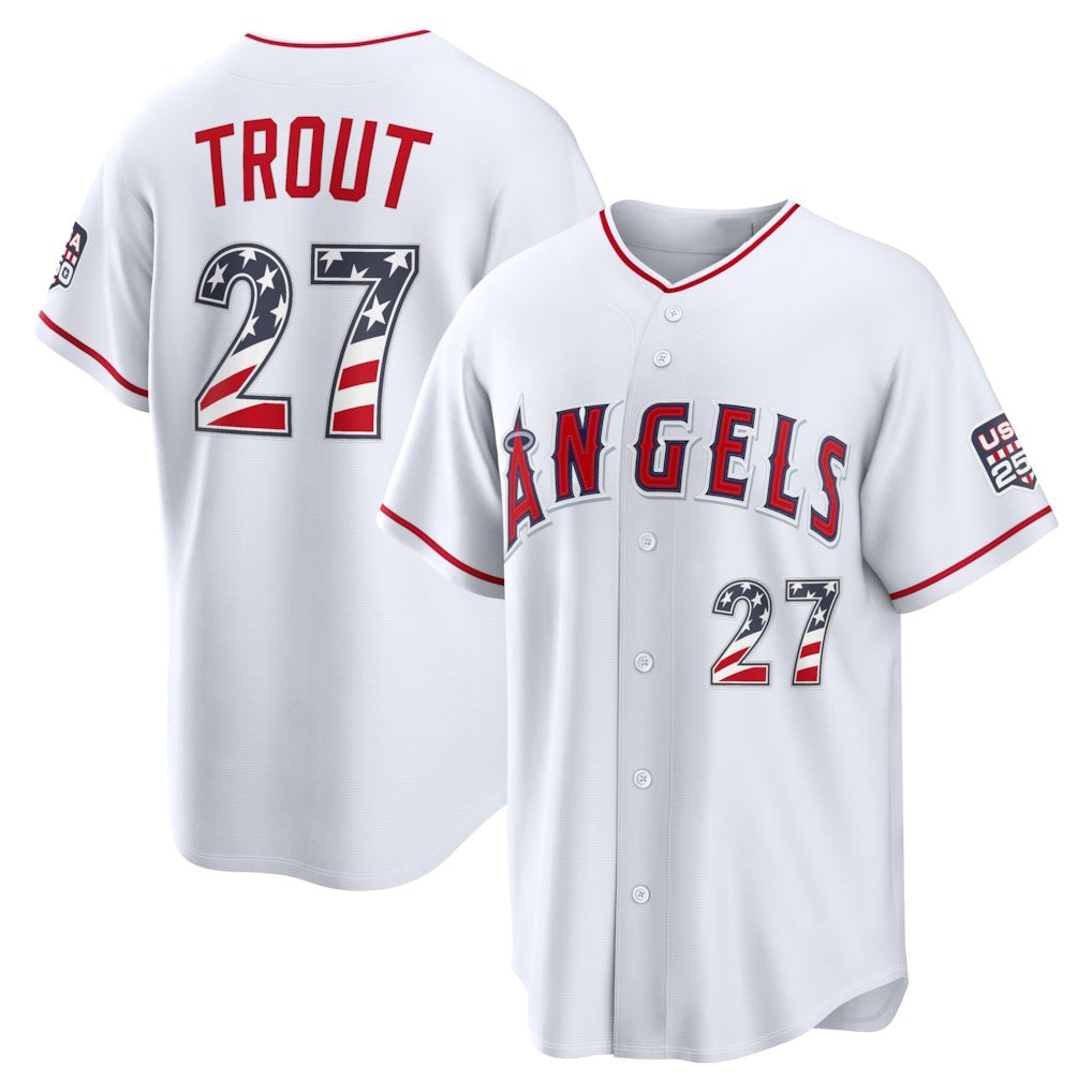 Los Angeles Angels #27 Mike Trout White MIKSHPS USA 250 Fourth of July Home Stadium Jersey