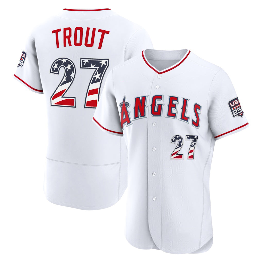 Los Angeles Angels #27 Mike Trout USA 250 Fourth of July Home Authentic Jersey - White MIKSHPS