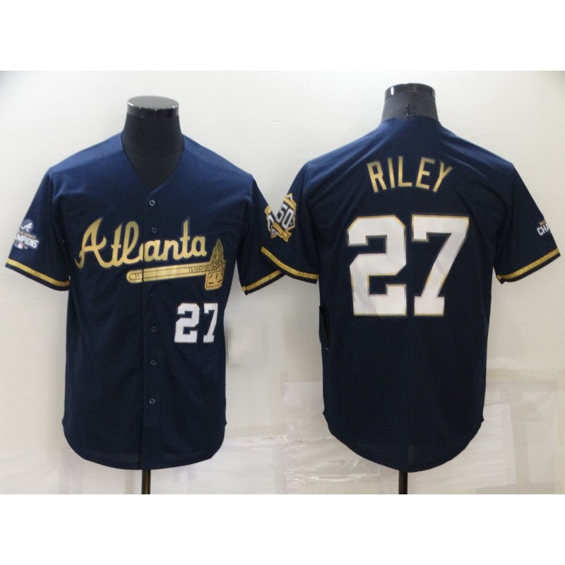 Atlanta Braves #27 Austin Riley 2022 Navy Blue MIKSHPS 2021 World Series Champions Golden Edition Stitched Cool Base Jersey