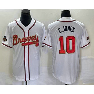 Atlanta Braves #10 Chipper Jones 2022 White Gold MIKSHPS World Series Champions Program Cool Base Stitched Jersey