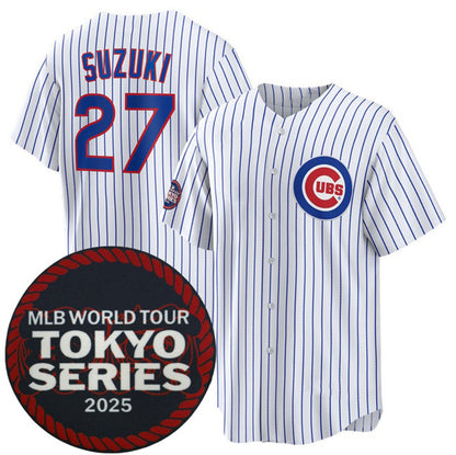 Chicago Cubs #27 Seiya Suzuki White MIKSHPS 2025 World Tour Tokyo Series Home Stitched Jersey