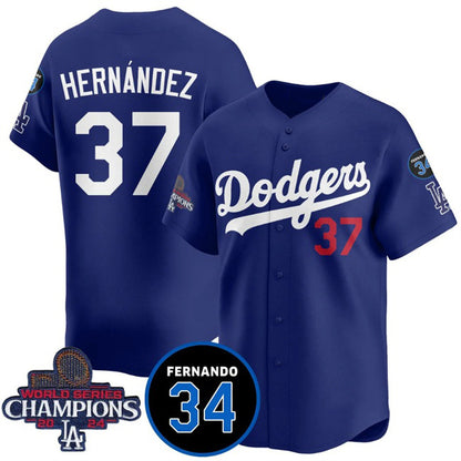 Los Angeles Dodgers #37 Teoscar Hernandez Royal MIKSHPS 2024 World Series Champions With Fernando Memorial Patch Vapor Premier Limited Stitched Jersey