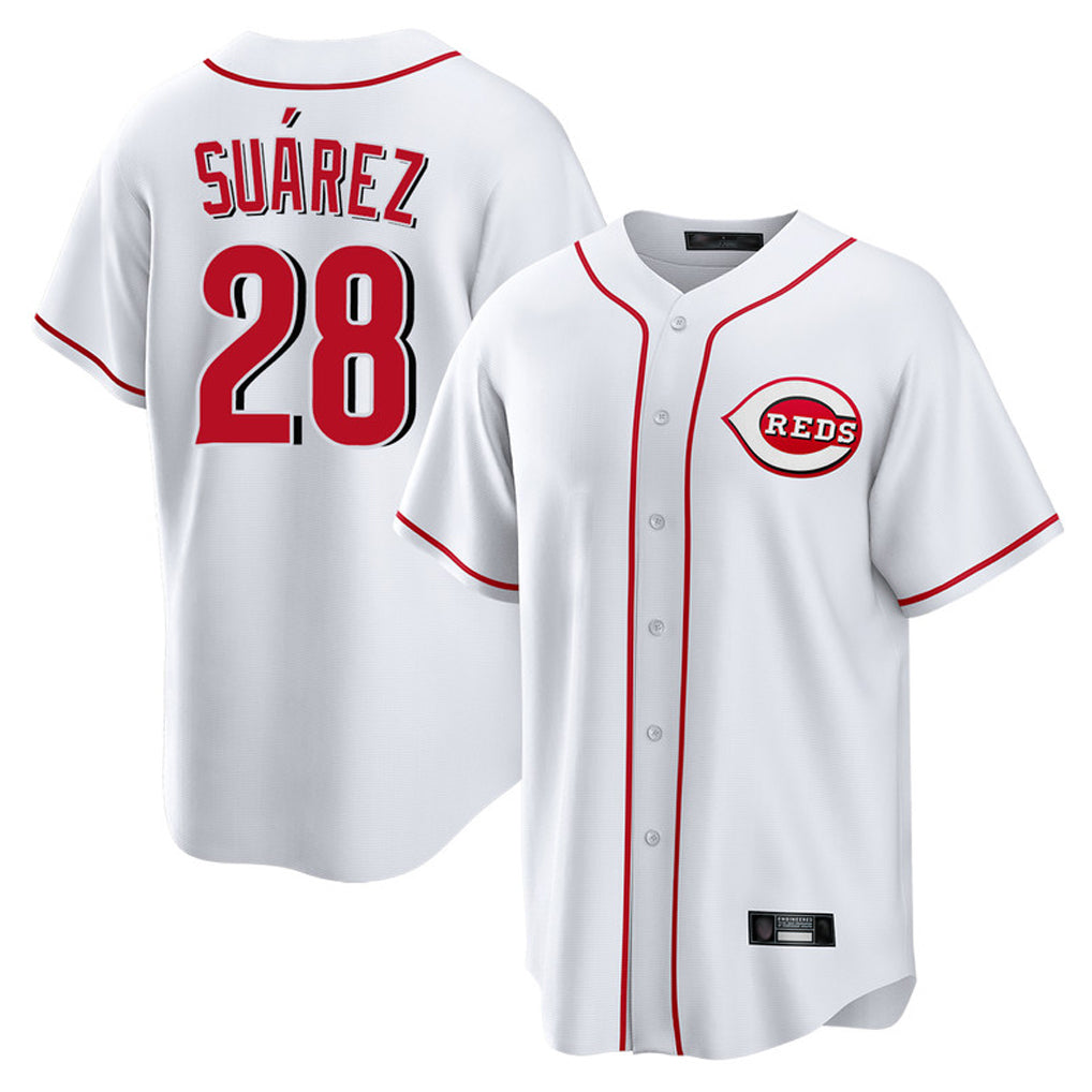 Cincinnati Reds #28 Eugenio Su¨¢rez Player White MIKSHPS Game Home Stitched Jerseys
