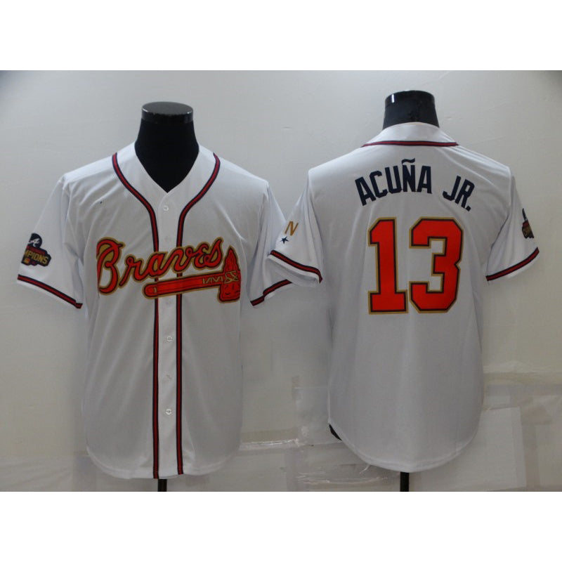 Atlanta Braves #13 Ronald Acuna Jr 2022 White Gold MIKSHPS World Series Champions Program Cool Base Stitched Jersey